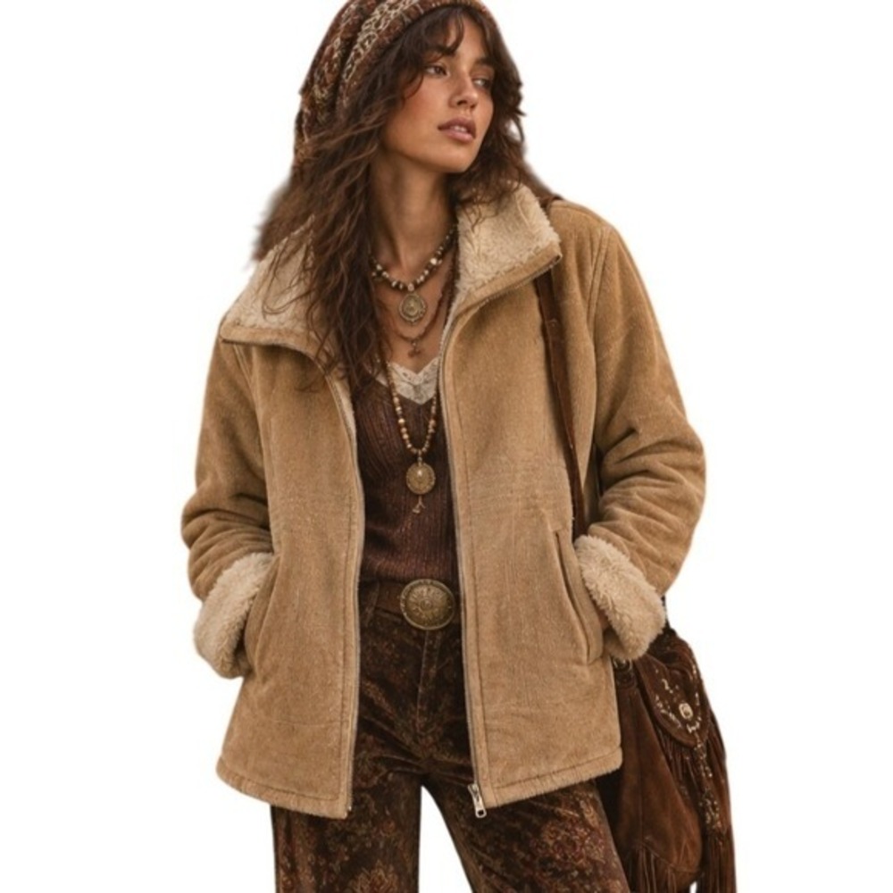 Avanti Vintage Y2K Retro Boho Penny Lane Shearling Tan Suede Aviator Coat